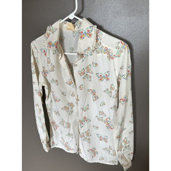 Vintage Shirley of Atlanta White Butterfly Pattern Blouse Size Medium - Picture 2 of 8